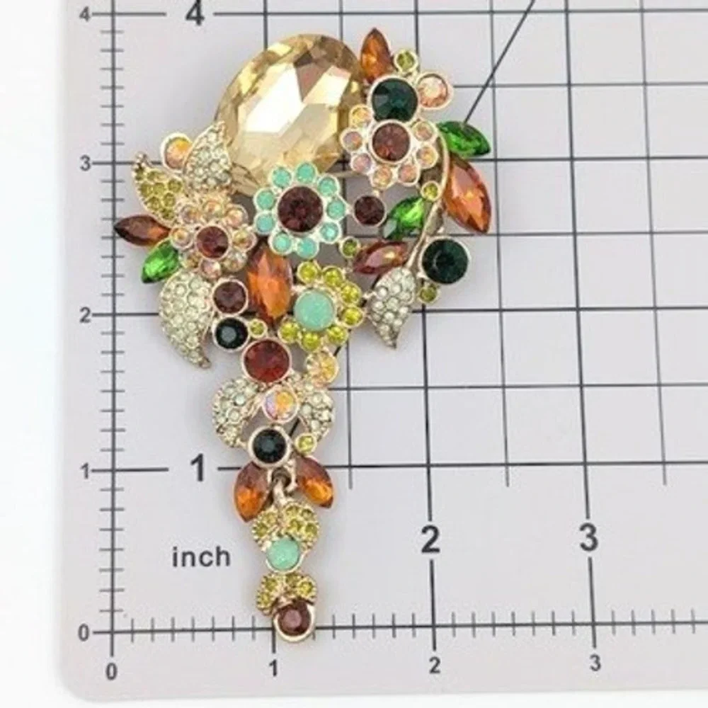 Botanical Rhinestone Brooch Pendant‎ Gold Tone Large Floral Garden Fairy Spring